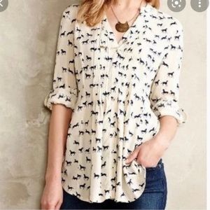 Anthropologie Maeve Button Up Long Sleeve Horse Print Blouse Sz 10